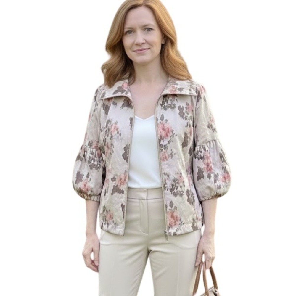 Tribal Floral Jacket Puff Sleeves Full Zip Coquette Spring Pockets Women's 6